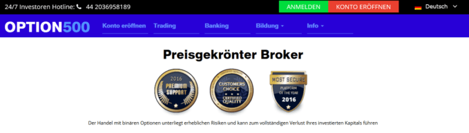 Auf der Startseite wirbt Option500 mit Auszeichnungen