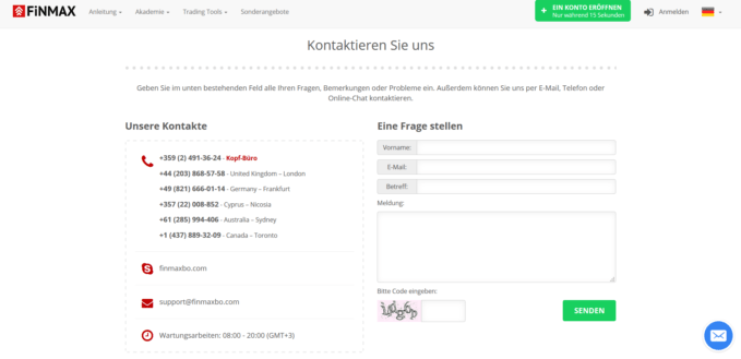 Bei Fragen ist der Kundensupport von Finmax auf verschiedenen Wegen erreichbar