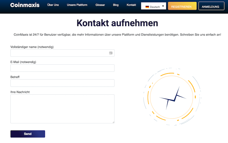 Das Kontaktformular auf der Webseite von Coinmaxis